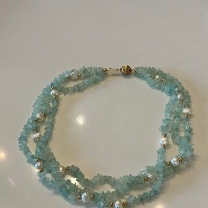 Charles Winston 3 strand blue crystal, white pearl, gold ball necklace 17 inches